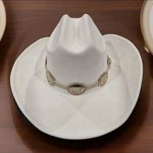 White Cowboy Hat Womens With Gold Buckles Accent Felt Western